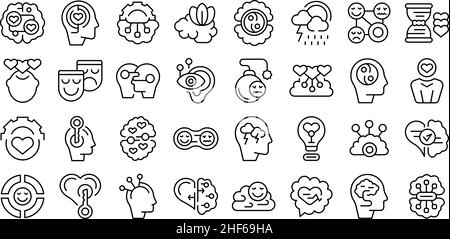 Symbole für emotionale Intelligenz legen einen Umrissvektor fest. Kontrollendes Gefühl. Innen arbeiten Stock Vektor