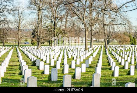 Arlington US National Military Cemetery in Washington DC, USA. Weiße Grabsteine Muster den ganzen Weg durch das Grüne Feld in einer natürlichen Umgebung Stockfoto