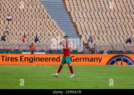 YAOUNDE, KAMERUN - 14. JANUAR: Achraf Hakimi aus Marokko beim Afrika-Cup der Nationen der Gruppe C 2021 zwischen Marokko und den Komoren im Stade Ahmadou Ahidjo am 14 2022. Januar in Yaounde, Kamerun. (Foto von SF) Kredit: Sebo47/Alamy Live News Stockfoto