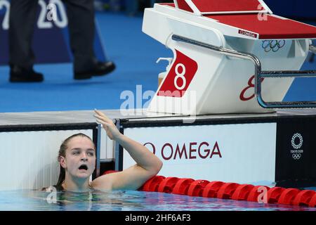 26th. JULI 2021 - TOKIO, JAPAN: Chelsea Hodges aus Australien reagiert auf den 5th. Abschluss ihres Halbfinales für Frauen im Breaststroke 100m beim Olymp in Tokio 2020 Stockfoto
