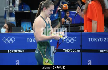 26th. JULI 2021 - TOKIO, JAPAN: Chelsea Hodges aus Australien reagiert auf den 5th. Abschluss ihres Halbfinales für Frauen im Breaststroke 100m beim Olymp in Tokio 2020 Stockfoto