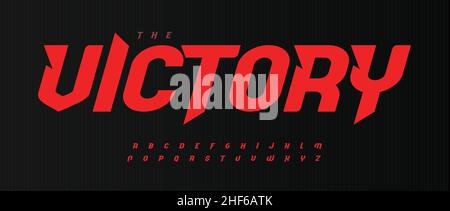 Victory Bold Schriftart, rotes Italic Speed Alphabet mit abgeschrägten Buchstaben. Dynamische Überschrift und Superhelden-Logo. Typ für Sport, Rennen, Fitnessstudio, Auto Stock Vektor