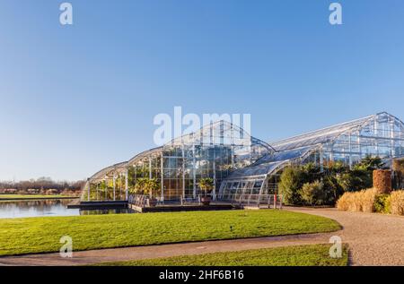 Blick auf die Vorderseite des berühmten Glasshouse und des Sees im RHS Garden, Wisley, Surrey an einem sonnigen Tag im Winter mit klarem blauen Himmel Stockfoto