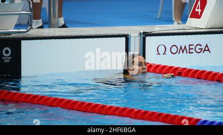 26th. JULI 2021 - TOKIO, JAPAN: Martina Carraro aus Italien beendet 3rd ihres Halbfinales für Frauen im Breaststroke 100m bei den Olympischen Spielen 2020 in Tokio (Phot Stockfoto