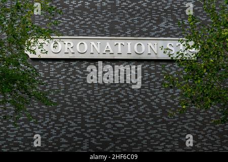 Salford, Großbritannien - 23rd. September 2019: Coronation Street in MediaCityUK am Saldord Quays in der Nähe des Stadtzentrums von Manchester. Berühmte britische Seife wird gefilmt er Stockfoto