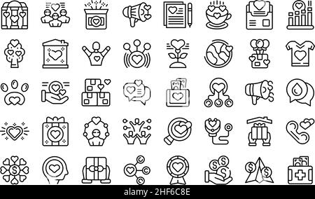 Symbole für Großzügigkeit legen einen Umrissvektor fest. Spenden Sie Essen. Ehrenamtlicher Mitarbeiter Stock Vektor