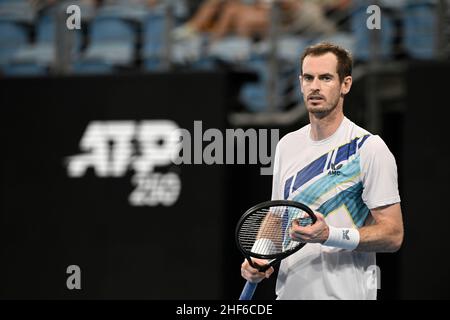 14th. Januar 2022: Ken Rosewall Arena, Sydney Olympic Park, Sydney, Australien; Sydney Tennis Classic, Tag 6 Halbfinale: Andy Murray aus Großbritannien Stockfoto