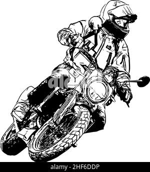 Biker auf einem Motorrad fahren schnell auf der Straße. Weiße Silhouette eines Motorradfahrers in einem Helm auf einem Fahrrad auf schwarzem Hintergrund. Stockfoto