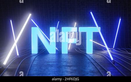 NFT-Schild mit Neonstangen, die herumhängen, und Drähten auf dem Boden. Konzept der digitalen Kunst, nft, Metaverse, Handel und Krypto. 3D Rendern Stockfoto