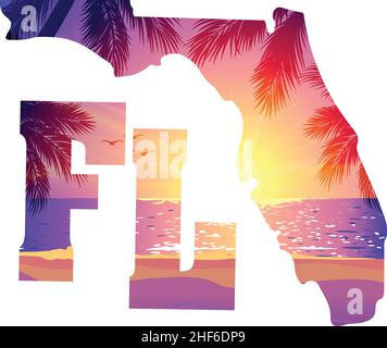 florida State Form und FL Text mit golden lila orange Strand Sonnenuntergang T-Shirt Grafik Design Vektor Illustration Stock Vektor