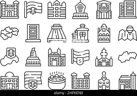 Symbole in der Slowakei legen einen Umrissvektor fest. Land der Stadt. Kulturburg Stock Vektor