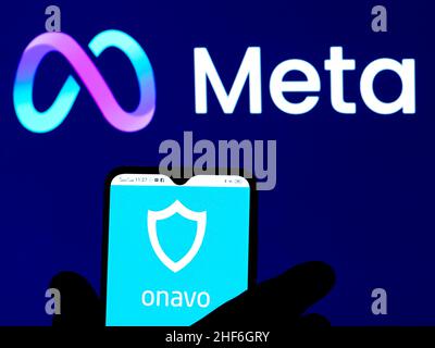 Ukraine. 14th Januar 2022. In dieser Abbildung ist das Onavo, ein Logo einer Division von Meta Platforms, das auf einem Smartphone angezeigt wird. Kredit: SOPA Images Limited/Alamy Live Nachrichten Stockfoto