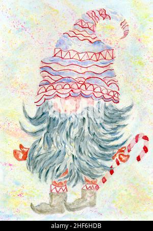 Dekorative skandinavische Weihnachten gnome handgezeichnete Aquarell-Illustration. Stockfoto