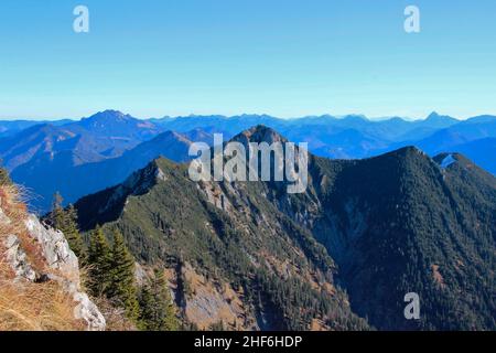 Gratwanderung von Heimgarten nach Herzogstand, Berg, Bayerische Voralpen, Alpen, Vorland, Bayerisches Oberland, Oberbayern, Bayern, Süddeutschland, Deutschland, Stockfoto