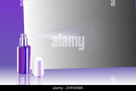 Violette Plastikflasche mit feiner Nebelspritze für Kosmetik, Parfüm, Deodorant, Erfrischung. Bereit für Ihr Design. Sammlung von Produktverpackungen. Stock Vektor