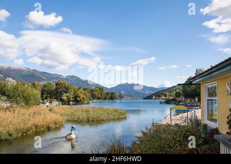 Seeboden am Millstätter See im Herbst, Ausfluss des Millstätter Sees, Kärnten, Österreich, Europa Stockfoto
