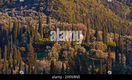 Griechenland, griechische Inseln, Ionische Inseln, Korfu, Frühling, Zypressenhain, Einfamilienhaus hinter Zypressenbäumen Stockfoto