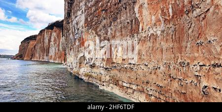 Bei Flut am Mittag sind die vertikalen Kreidefelsen charakteristisch für die Cote d'Albatre, Quiberville Plage, Frankreich, die Normandie, Stockfoto