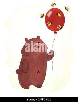 Niedlicher Bär mit rotem Ballon und Bienen, Aquarell-Illustration Stockfoto