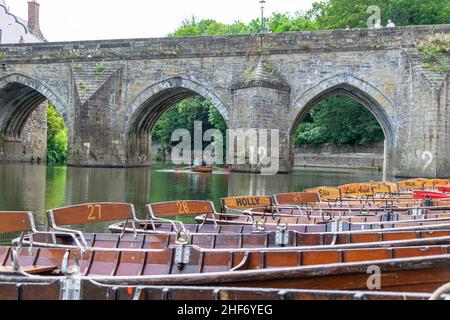 14th. Juli 2019 - Durham, England, Großbritannien: Ruderboote Reihen sich auf dem Wear River im Stadtzentrum von Durham an, das für seine Universität berühmt ist. Schönes Grün Stockfoto