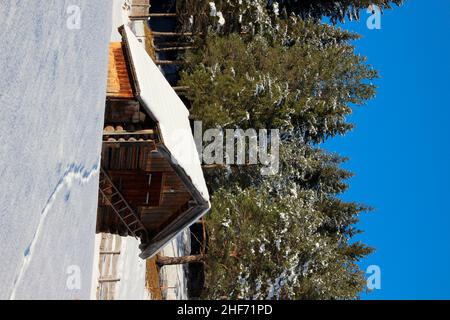 Winterwanderung bei Mittenwald, das Karwendelgebirge ganz in Weiß, im Vordergrund die schneebedeckte Wiese, Heustadl, Europa, Deutschland, Bayern, Oberbayern, Werdenfels, Winter, Karwendelgebirge, Stockfoto