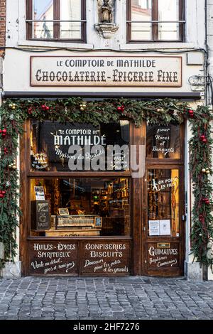 Schaufenster 'le comptoir de mathilde', Süßigkeitengeschäft und Chocolatier of Bruxelles Stockfoto