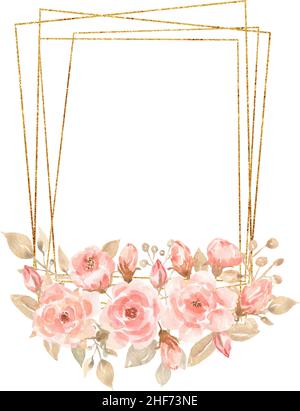 Aquarell Korallenblumen und goldene Rahmenillustration, Arrangement von rosa Pfingstrosen, zartes Pfirsich-Bouquet, Boho-Hochzeit. Stockfoto