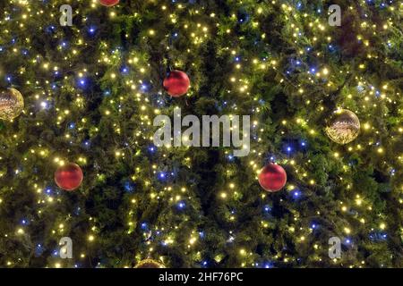 Weihnachtsbäume mit vielen bunten Kugeln als Hintergrund Vorderansicht aus nächster Nähe Stockfoto