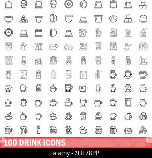 100 Symbole für Getränke eingestellt. Skizzieren Sie die Darstellung von 100 Symbolen für Getränke, die auf weißem Hintergrund isoliert sind Stock Vektor