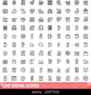 100 Symbole für Getränke eingestellt. Skizzieren Sie die Darstellung von 100 Symbolen für Getränke, die auf weißem Hintergrund isoliert sind Stock Vektor