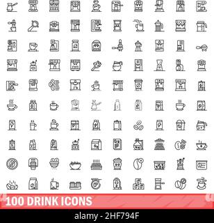 100 Symbole für Getränke eingestellt. Skizzieren Sie die Darstellung von 100 Symbolen für Getränke, die auf weißem Hintergrund isoliert sind Stock Vektor