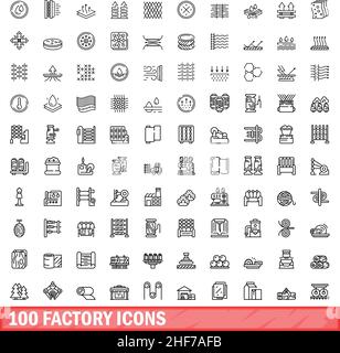 100 werkseitige Symbole eingestellt. Skizzieren Sie die Darstellung von 100 werksseitigen Symbolen, die auf weißem Hintergrund isoliert eingestellt sind Stock Vektor