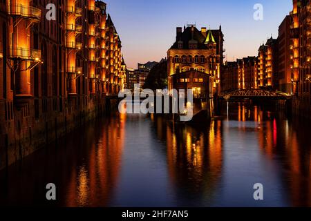 Abendeindruck in der Speicherstadt, Hamburg Stockfoto