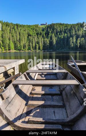 Blick über den Mummelsee auf die Hornisgrinde, Nationalpark Schwarzwald, Baden-Württemberg, Deutschland Stockfoto