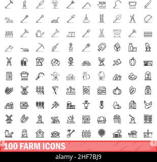 100 Farmsymbole eingestellt. Skizzieren Sie die Darstellung von 100 Farmsymbolen, die auf weißem Hintergrund isoliert sind Stock Vektor