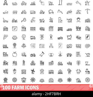 100 Farmsymbole eingestellt. Skizzieren Sie die Darstellung von 100 Farmsymbolen, die auf weißem Hintergrund isoliert sind Stock Vektor