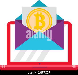 Bitcoin, Laptop, Umschlag. Die Kryptowährungstransaktion ist digital. Bitcoin in einem Umschlag auf einem Laptop-Bildschirm. Stock Vektor