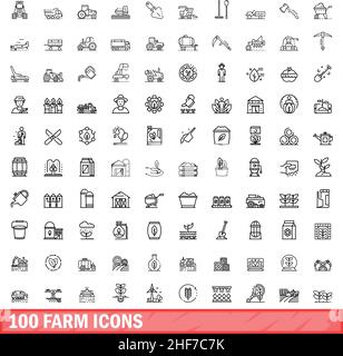100 Farmsymbole eingestellt. Skizzieren Sie die Darstellung von 100 Farmsymbolen, die auf weißem Hintergrund isoliert sind Stock Vektor
