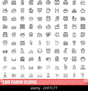 100 Farmsymbole eingestellt. Skizzieren Sie die Darstellung von 100 Farmsymbolen, die auf weißem Hintergrund isoliert sind Stock Vektor