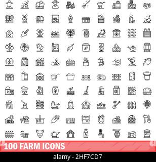 100 Farmsymbole eingestellt. Skizzieren Sie die Darstellung von 100 Farmsymbolen, die auf weißem Hintergrund isoliert sind Stock Vektor
