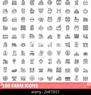 100 Farmsymbole eingestellt. Skizzieren Sie die Darstellung von 100 Farmsymbolen, die auf weißem Hintergrund isoliert sind Stock Vektor