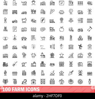 100 Farmsymbole eingestellt. Skizzieren Sie die Darstellung von 100 Farmsymbolen, die auf weißem Hintergrund isoliert sind Stock Vektor