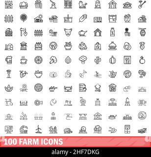 100 Farmsymbole eingestellt. Skizzieren Sie die Darstellung von 100 Farmsymbolen, die auf weißem Hintergrund isoliert sind Stock Vektor
