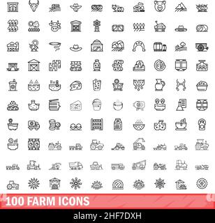 100 Farmsymbole eingestellt. Skizzieren Sie die Darstellung von 100 Farmsymbolen, die auf weißem Hintergrund isoliert sind Stock Vektor
