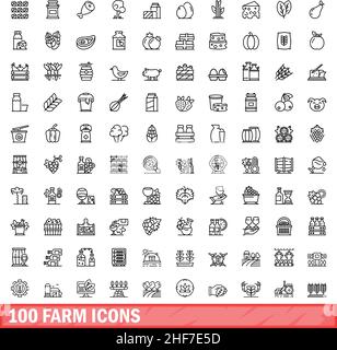 100 Farmsymbole eingestellt. Skizzieren Sie die Darstellung von 100 Farmsymbolen, die auf weißem Hintergrund isoliert sind Stock Vektor