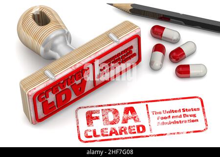 FDA-Zulassung. Roter Stempel und ein von der FDA ZUGELASSENES Aufdruck auf weißer Oberfläche. Die FDA - U.S. Food and Drug Administration ist eine Bundesbehörde der USA Stockfoto