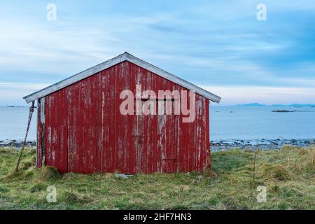 Norwegen, Lofoten, Vestvagøya, Eggum, Fischerdorf, Rotes Bootshaus Stockfoto