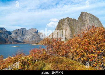 Norwegen, Lofoten, Toppøya Rastplatz, Blick auf Hamnøy Stockfoto