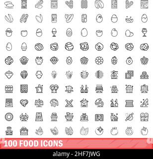 100 Symbole für Lebensmittel eingestellt. Skizzieren Sie die Darstellung von 100 Vektorbildern für Lebensmittel, die isoliert auf weißem Hintergrund gesetzt wurden Stock Vektor