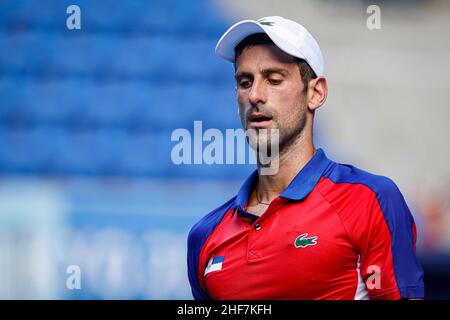 Tokio, Japan. 31st. Juli 2021. Olympische Spiele: Tennismatch zwischen Novak Djokovic und Pablo Carreño um die Bronzemedaille in der Ariake Arena. © ABEL F. ROS Stockfoto